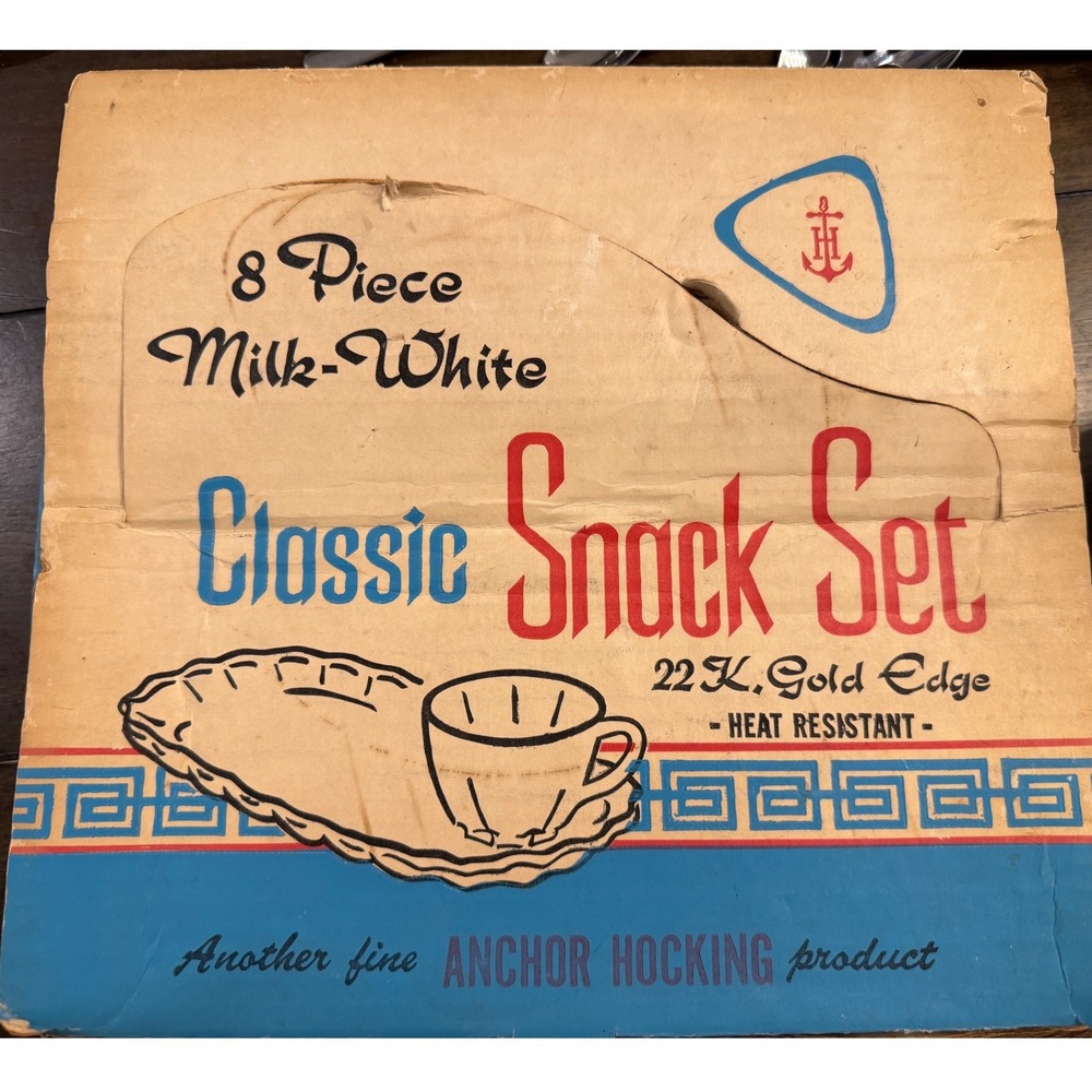 Vintage 1950s Anchor Hocking Milk White Classic Snack Set 22K Gold 8pc Boxed